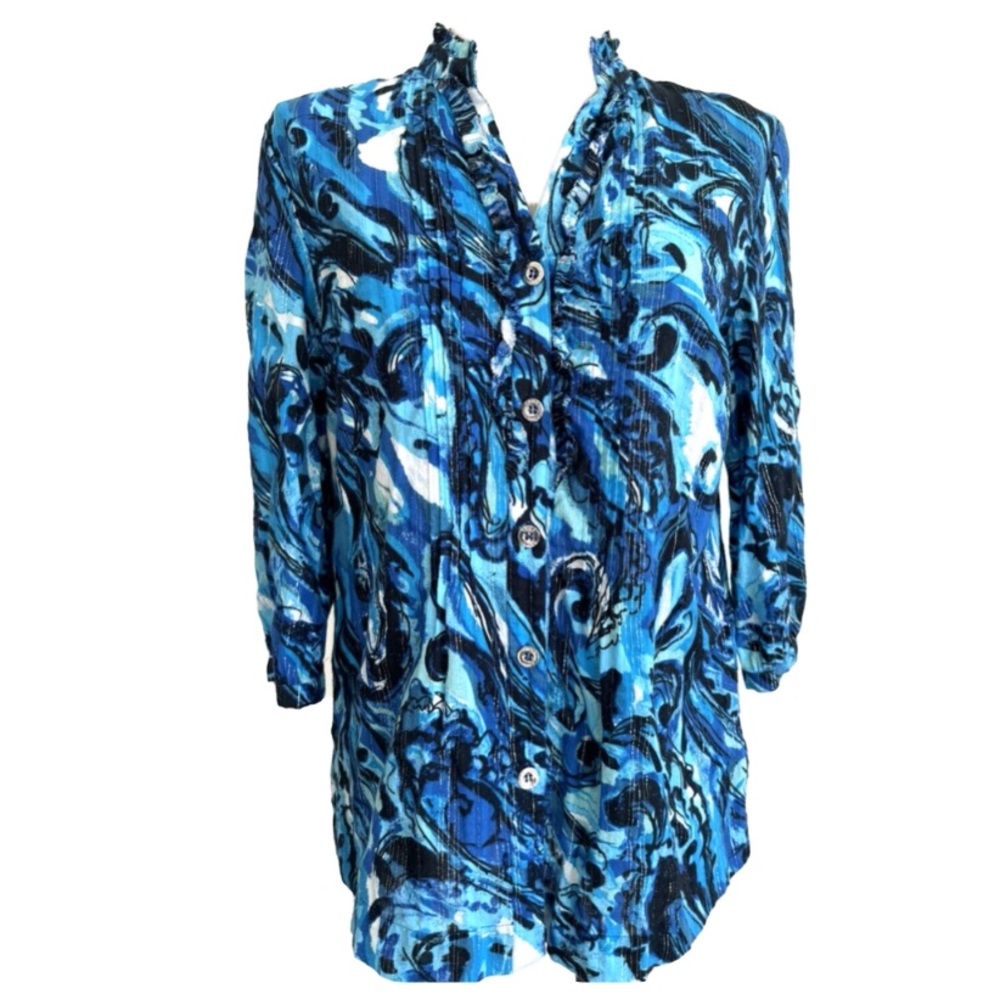 Emma James Top Blue Swirl Print Top Pleated Ruffle Blouse Button Down Blouse‎